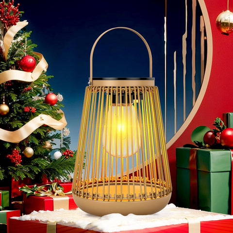Decorative lantern with Christmas tree and presents in the background