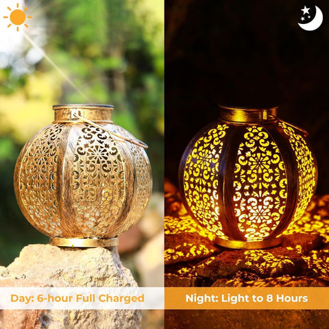 Decorative lantern with cut-out patterns, shown during the day and night with text indicating charging times.