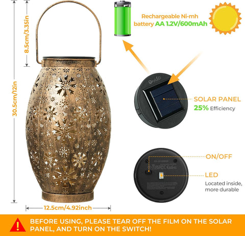 Decorative lantern with solar panel and battery indicators, showing dimensions and features.