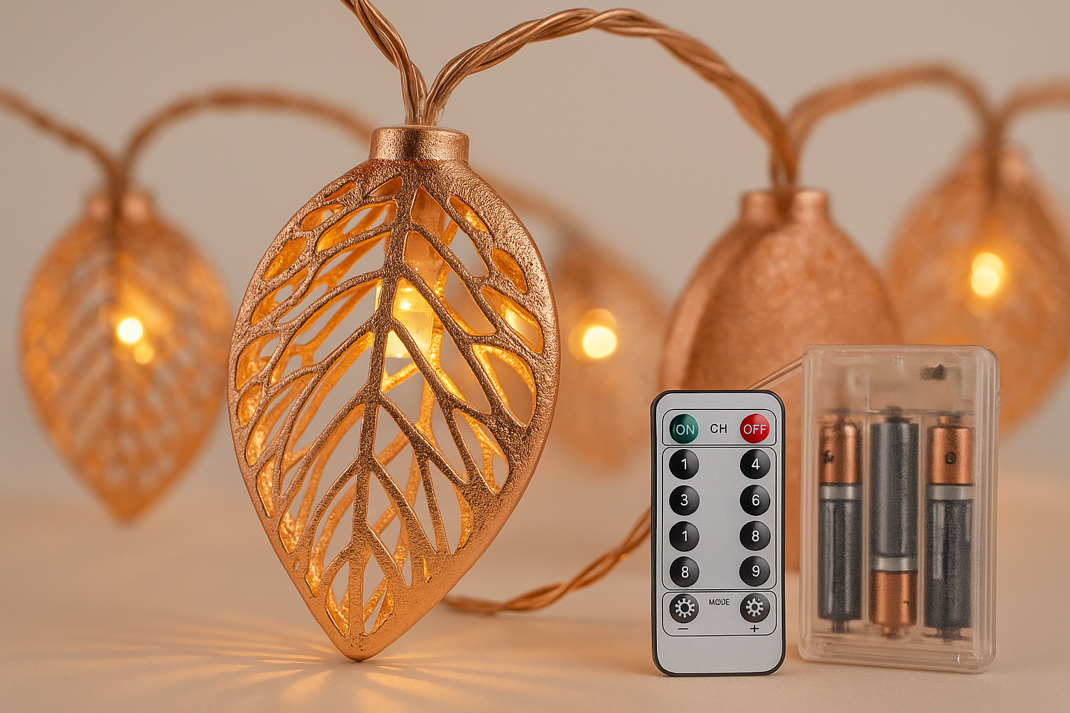 Decorative leaf-shaped string lights with a remote control and batteries on a neutral background