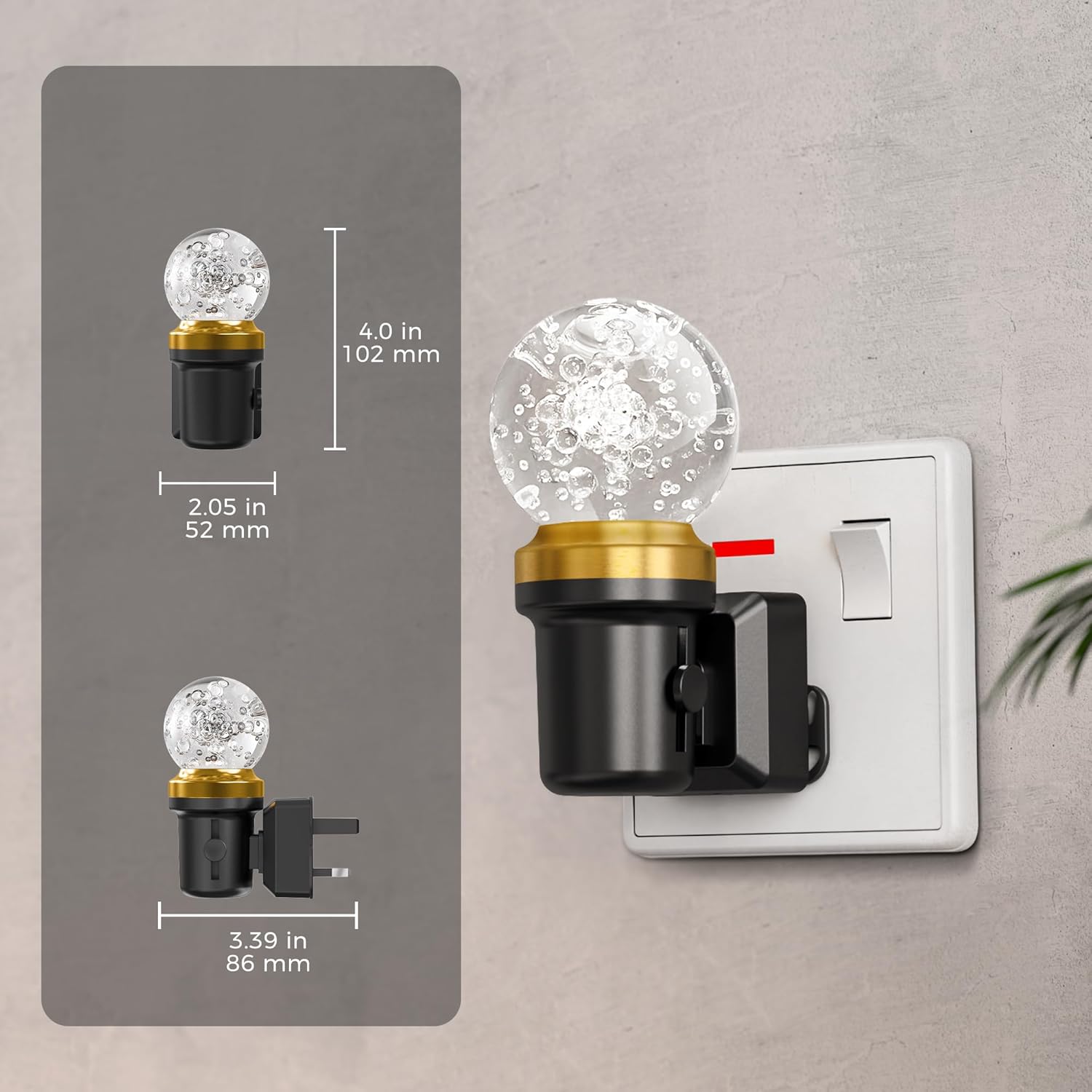 Decorative light bulb wall switch with measurements on a gray background