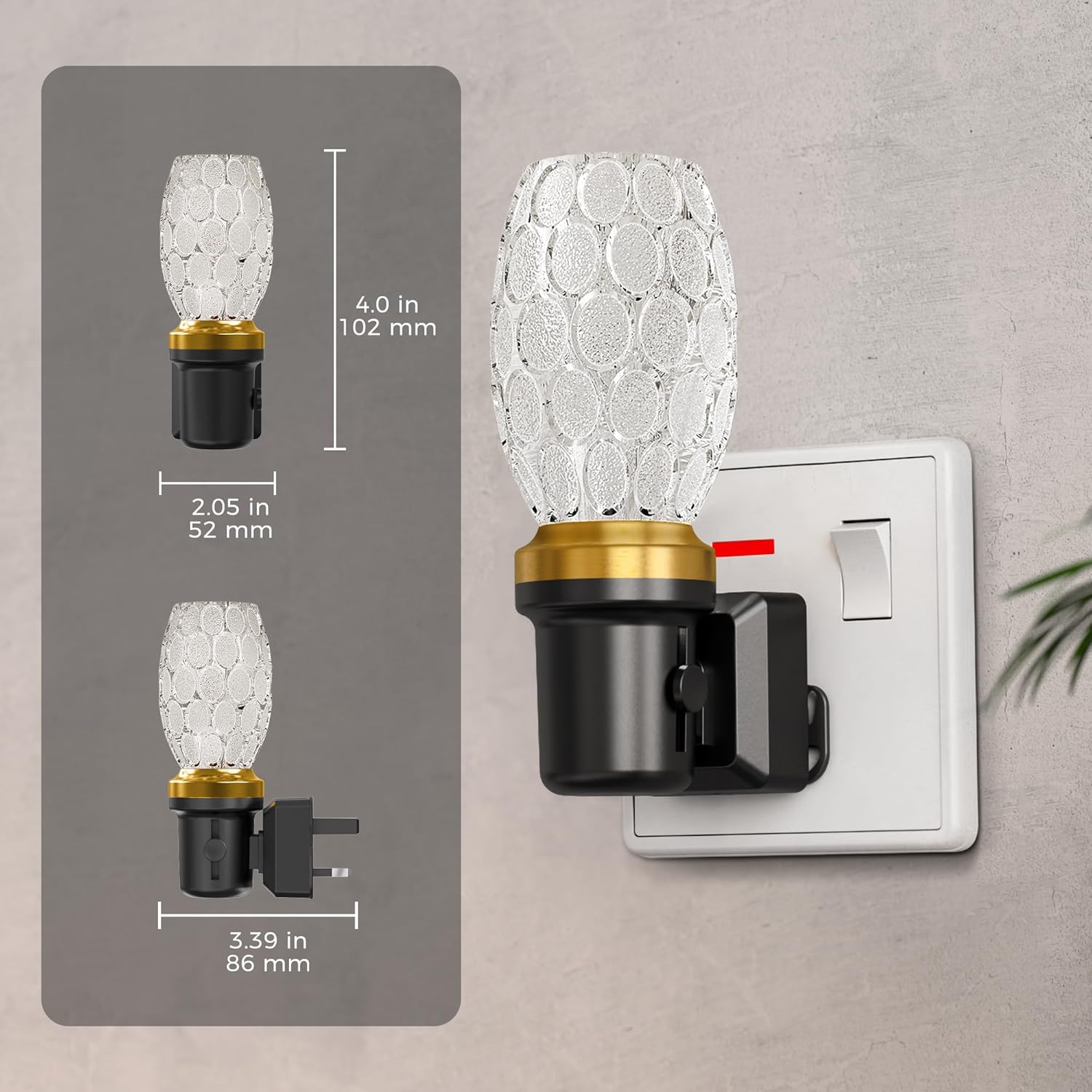 Decorative light bulb with measurements on a gray background