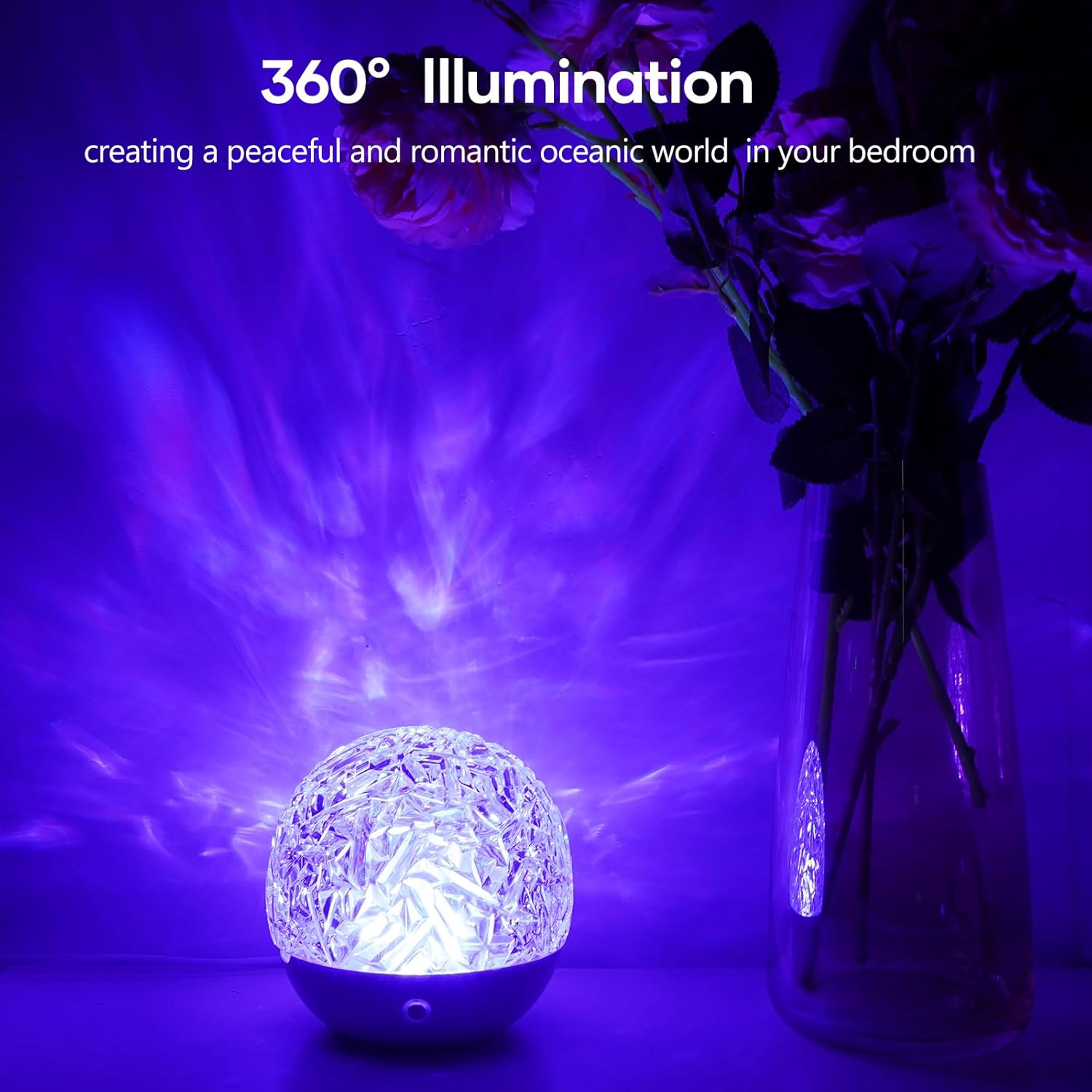 Decorative light emitting a purple glow with text about 360-degree illumination.