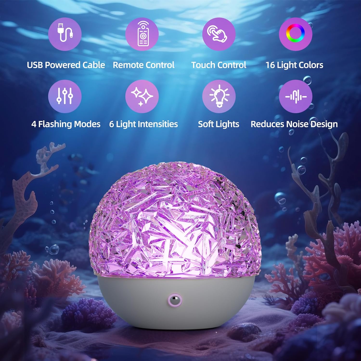 Decorative light with underwater scene and feature icons on a blue background