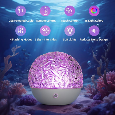 Decorative light with underwater scene and feature icons on a blue background