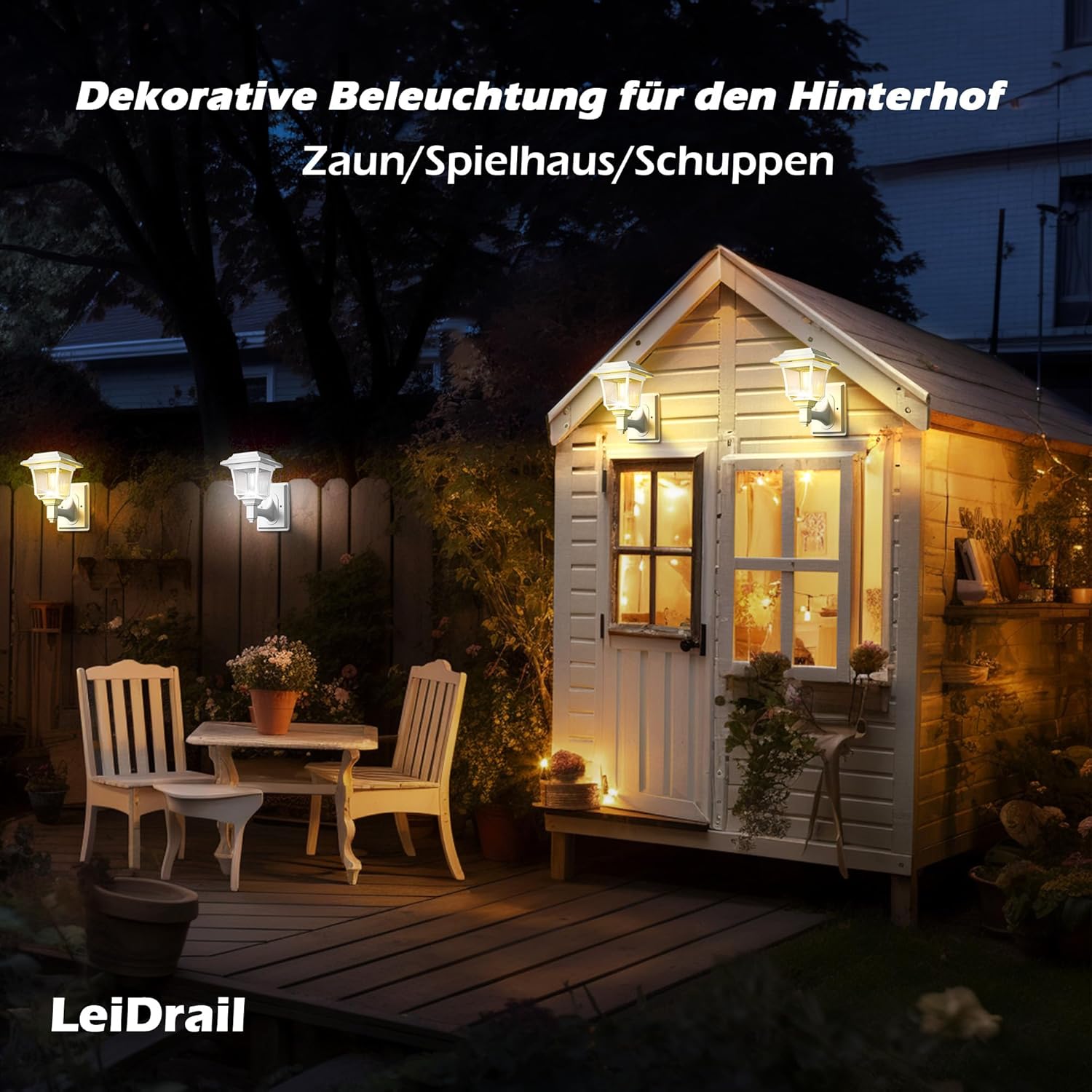 Decorative lighting for a backyard with a shed, table, and chairs, featuring LeiDrail brand.