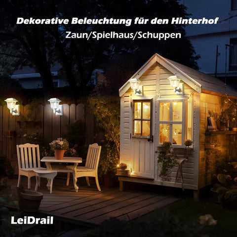 Decorative lighting for a backyard with a shed, table, and chairs, featuring LeiDrail brand.