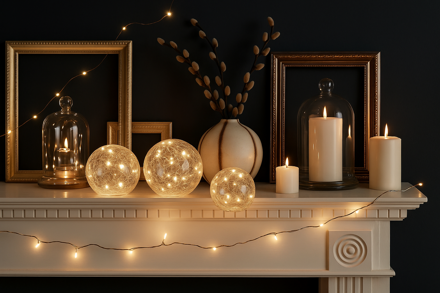 Decorative mantel with candles, glass spheres, and string lights against a dark background