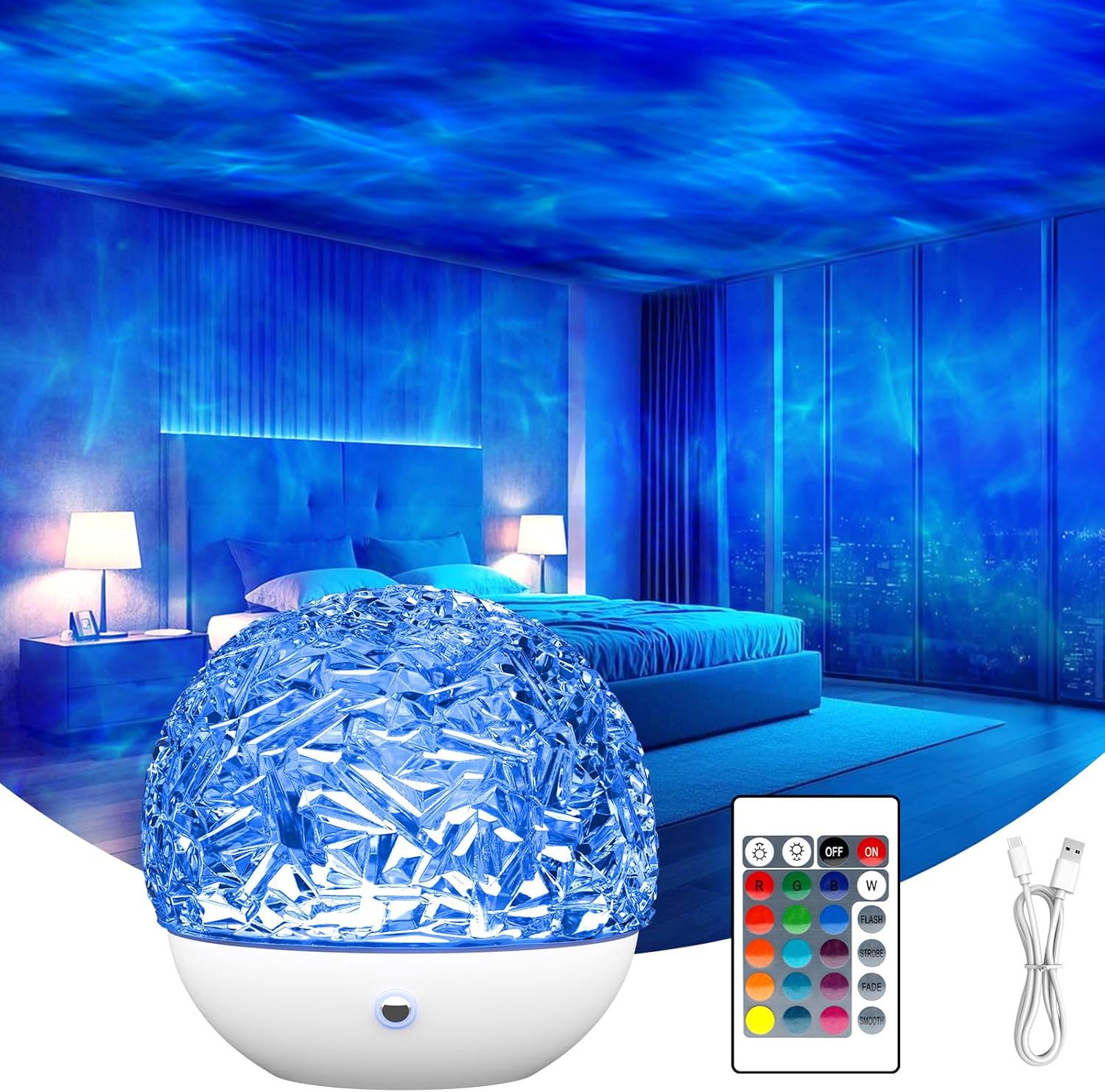 Decorative night light with remote control in a bedroom setting