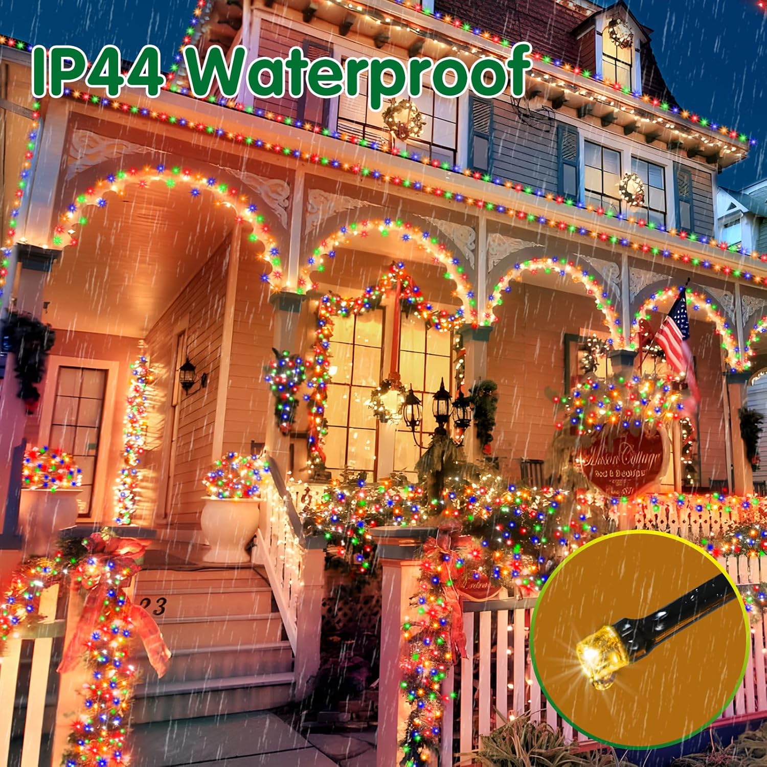 Decorative outdoor lights on a house exterior with 'IP44 Waterproof' text.