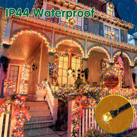 Decorative outdoor lights on a house exterior with 'IP44 Waterproof' text.