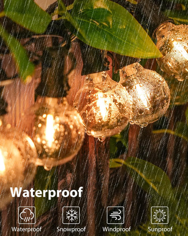 Decorative outdoor lights with waterproof feature label in a rain scene