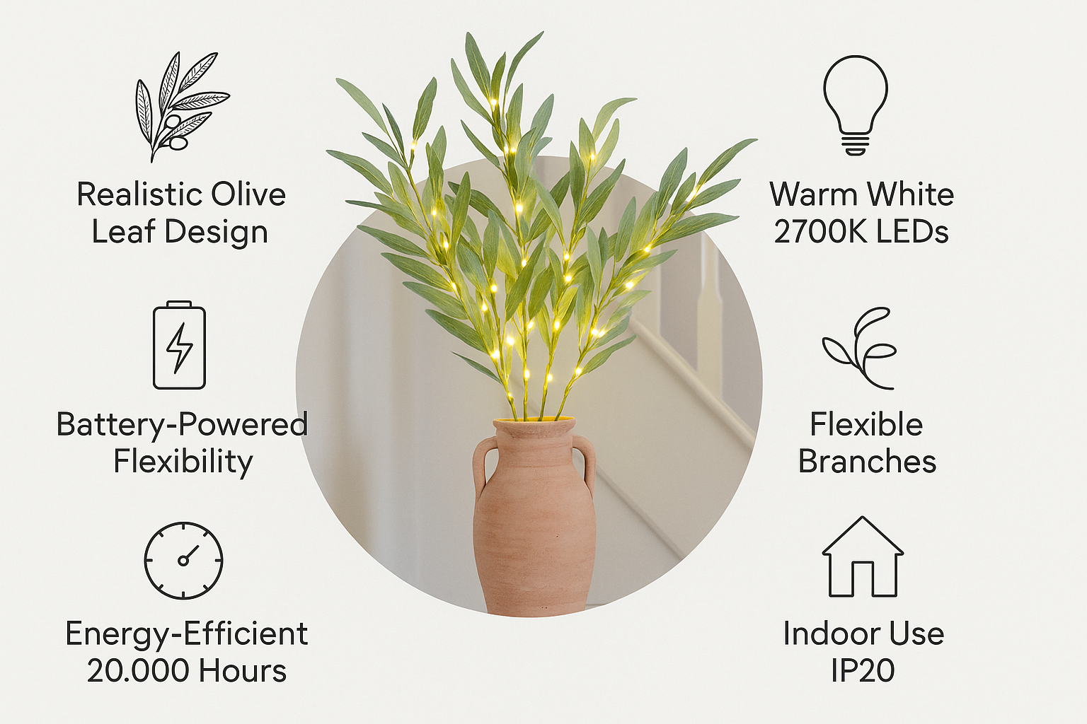 Decorative plant with lights in a vase, surrounded by features of the product on a light gray background.