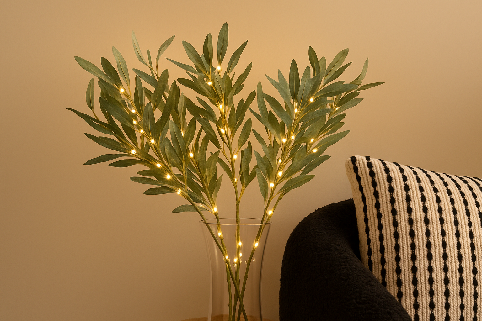 Decorative plant with lights next to a cushion on a beige wall