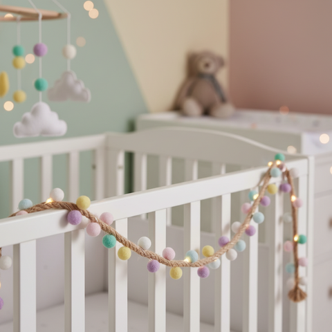 Decorative pom pom LED garland for spring and Easter home styling