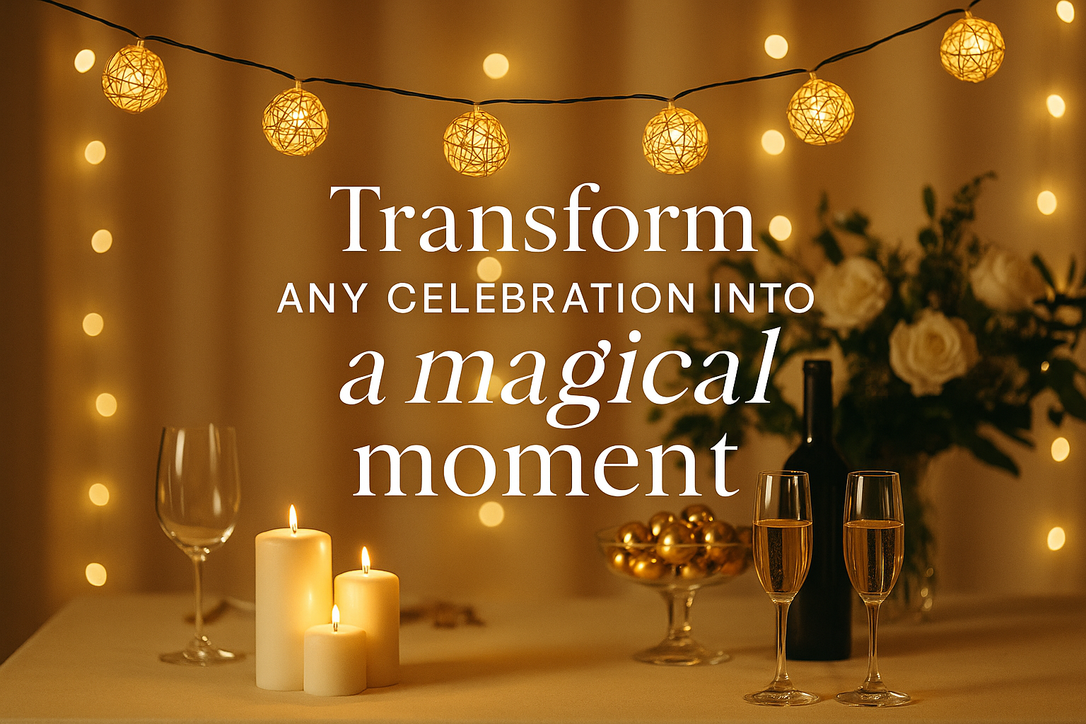 Decorative setup with candles, wine glasses, and flowers under string lights with text overlay.