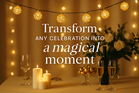 Decorative setup with candles, wine glasses, and flowers under string lights with text overlay.