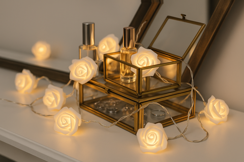 Decorative setup with gold perfume bottles, a glass box, and string lights shaped like roses on a white surface.