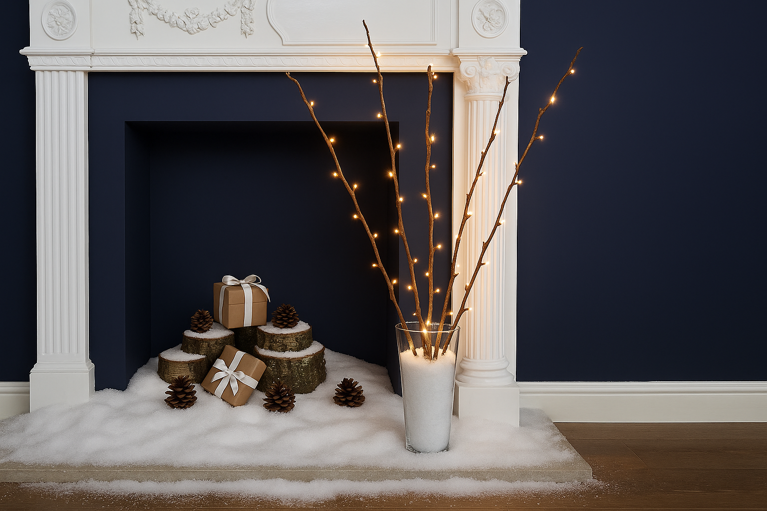 Decorative setup with lights, pinecones, and gift boxes in front of a fireplace.