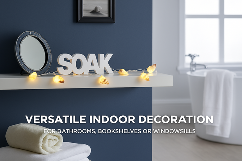 Decorative shelf with 'SOAK' sign in a bathroom setting