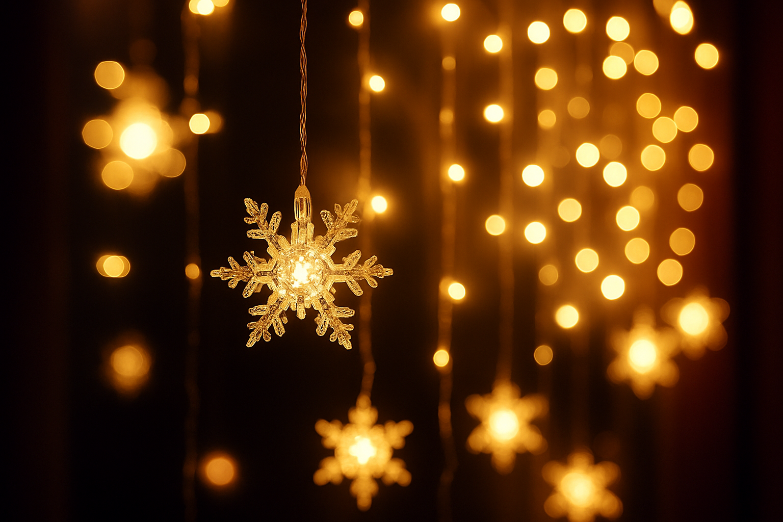 Decorative snowflake light ornament with warm glow against a blurred lights background