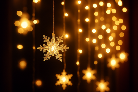 Decorative snowflake light ornament with warm glow against a blurred lights background