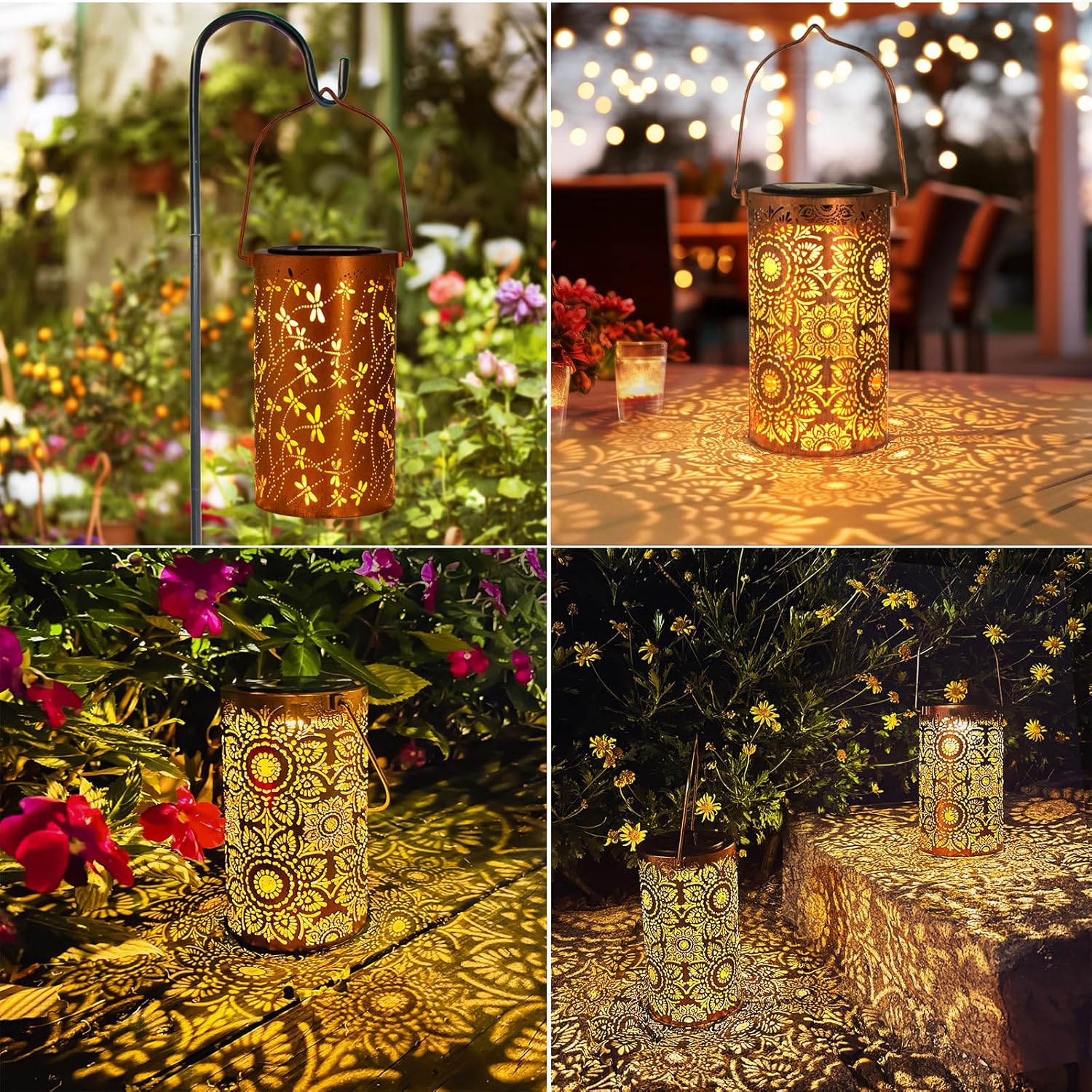 Decorative solar lanterns in various settings with flowers and outdoor lighting.