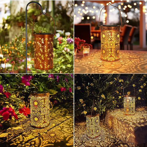 Decorative solar lanterns in various settings with flowers and outdoor lighting.