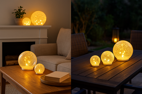 Decorative spherical lights on a table and in a room setting.