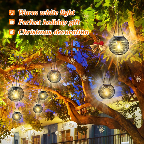 Decorative string lights hanging from a tree with text describing their use as a warm white light, perfect holiday gift, and Christmas decoration.