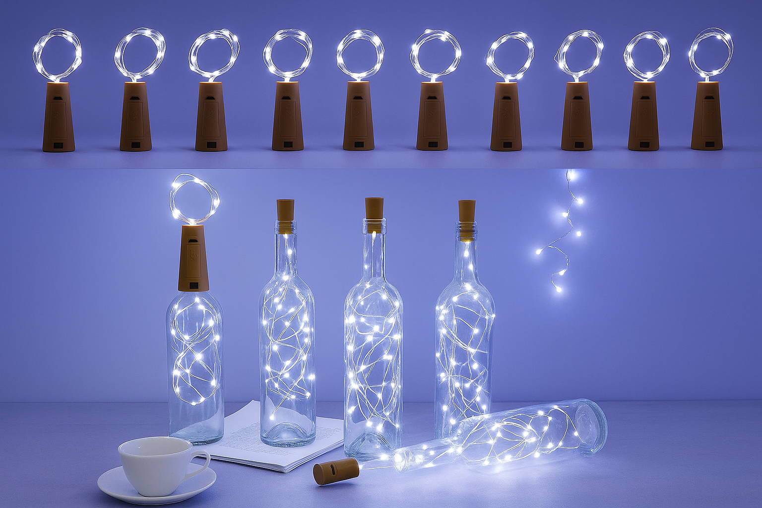 Decorative string lights in bottles with cork stoppers on a purple background