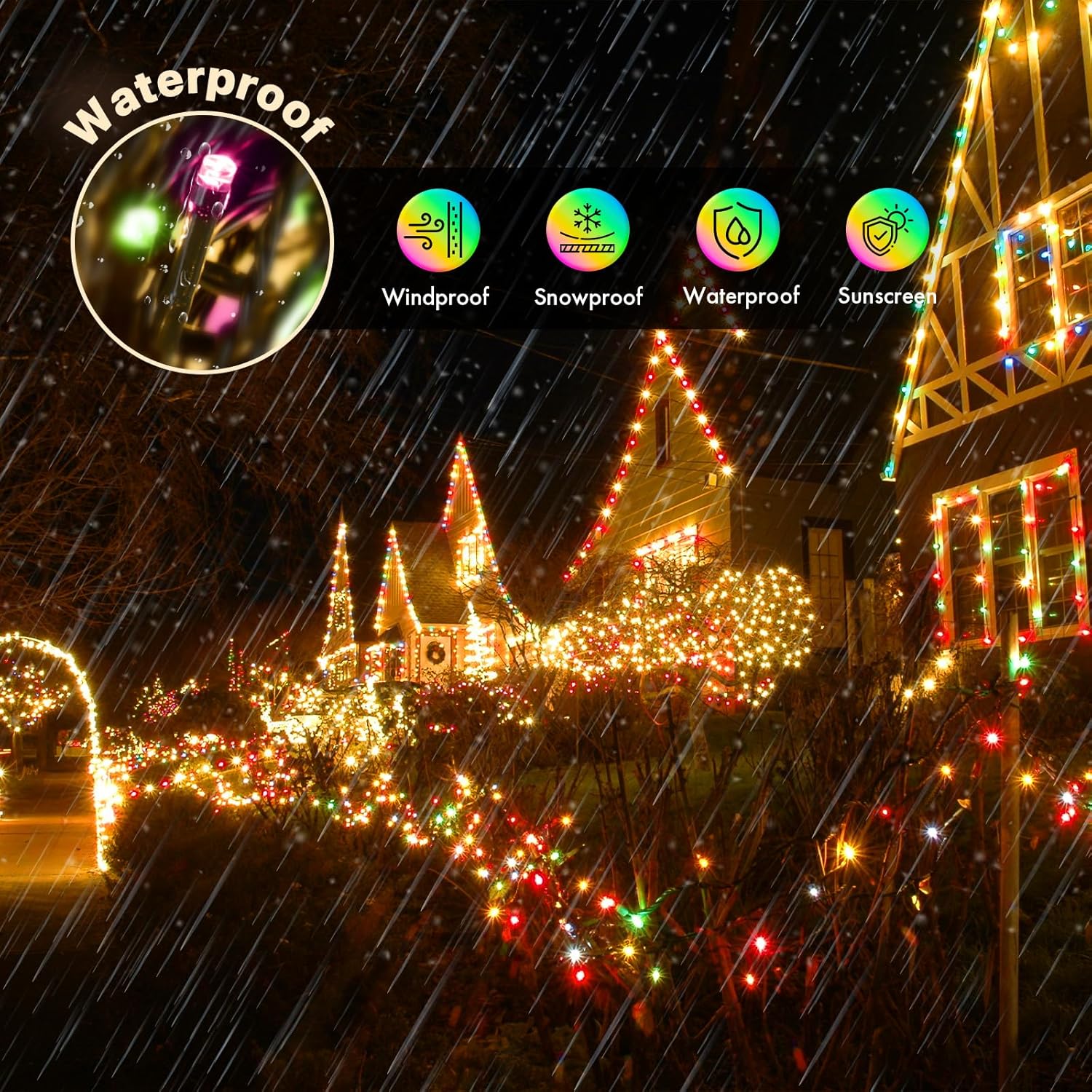 Decorative string lights on a festive scene with weather resistance icons displayed.