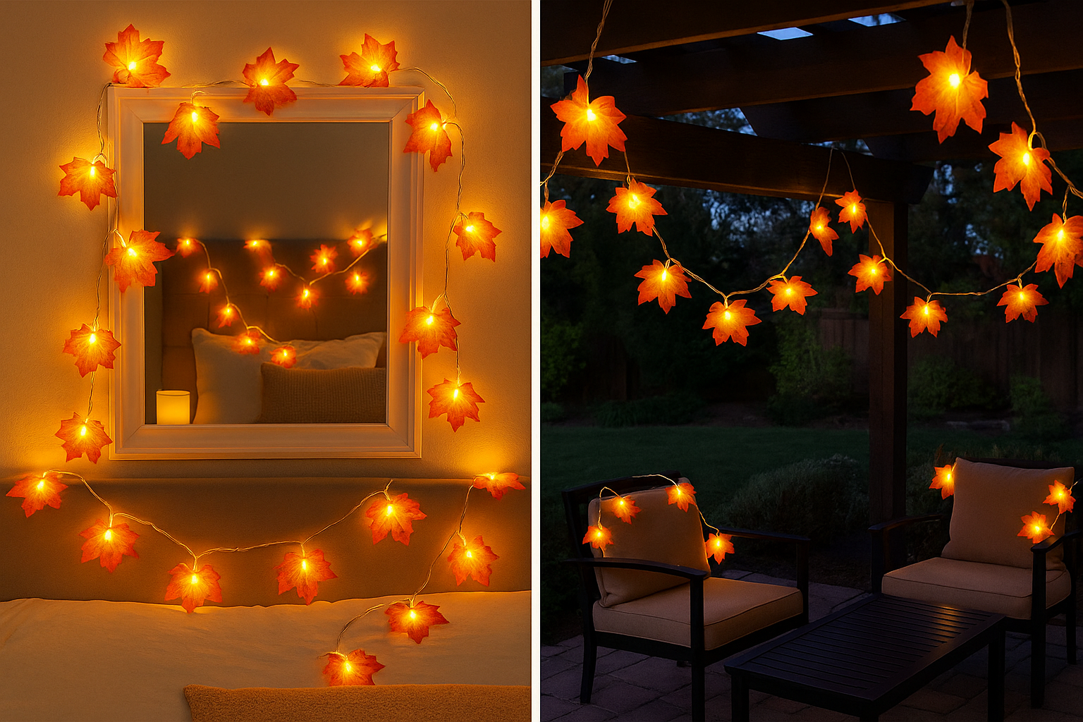 Decorative string lights shaped like flowers in a bedroom and outdoor setting.