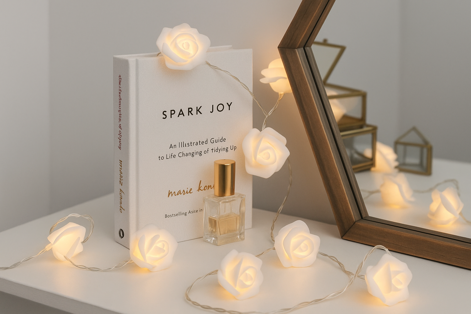 Decorative string lights shaped like roses on a surface with a book titled 'Spark Joy' and a perfume bottle.