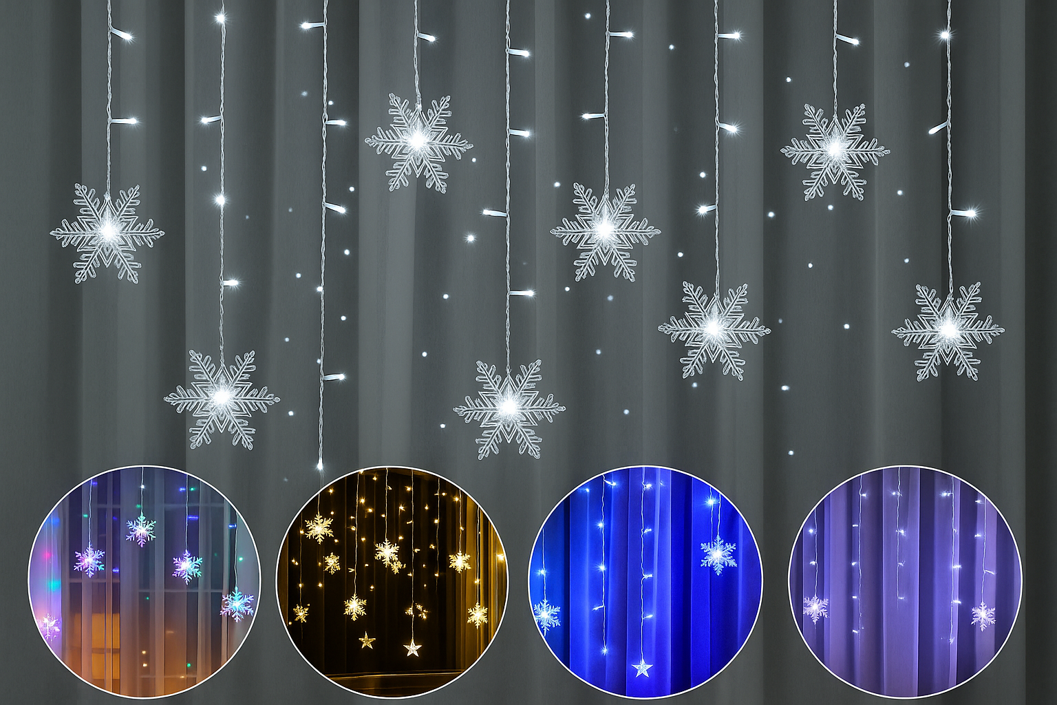 Decorative string lights shaped like snowflakes on a dark curtain background.
