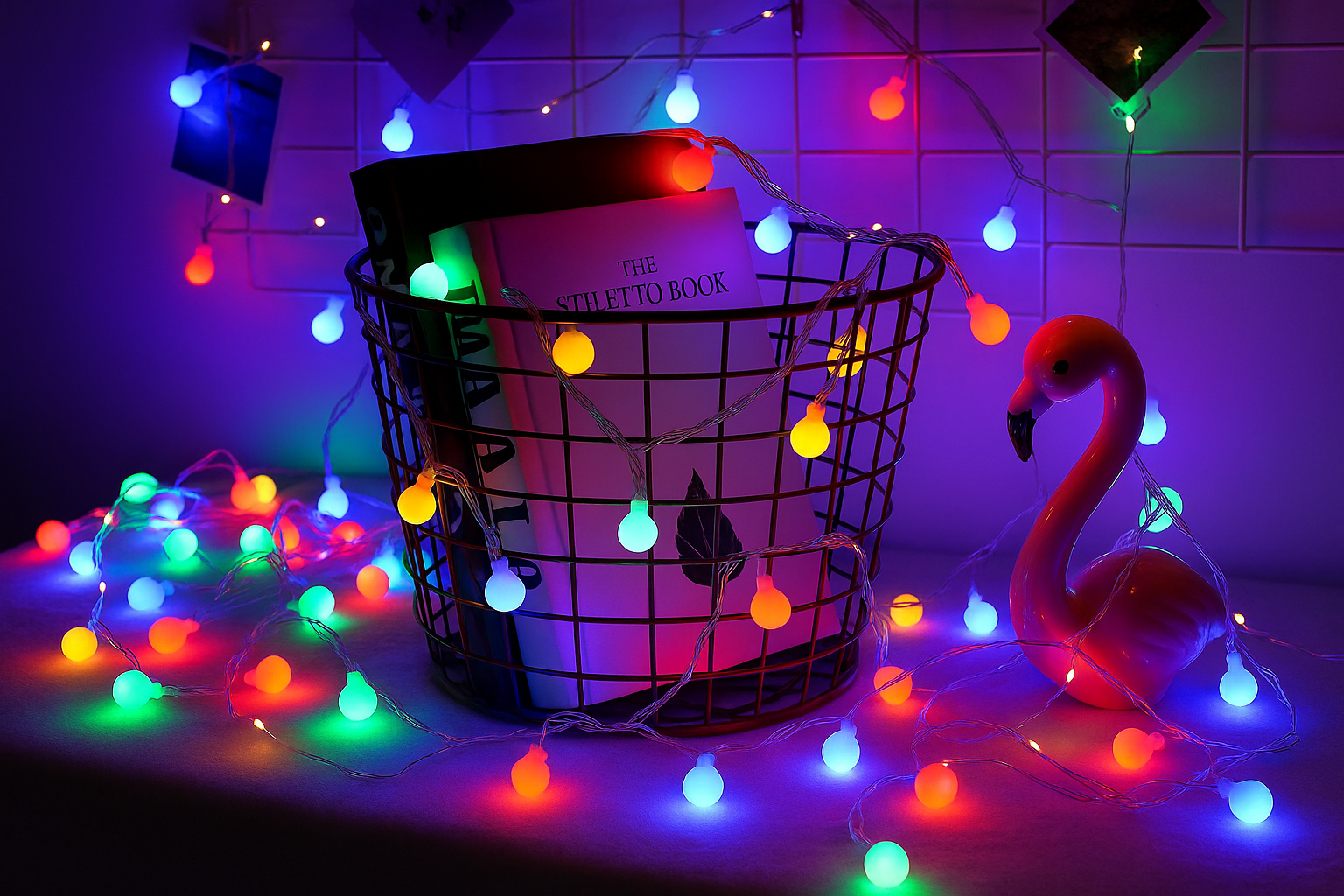 Decorative string lights with a basket and books on a tiled floor.