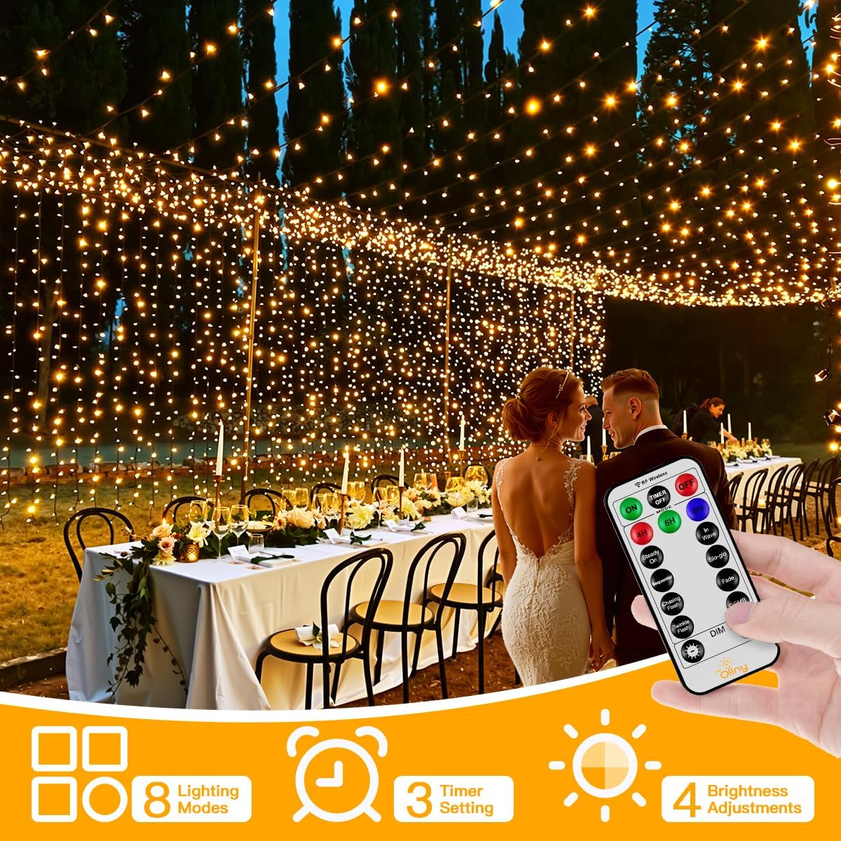 Decorative string lights with a remote control, set up for an outdoor event with a couple and table.