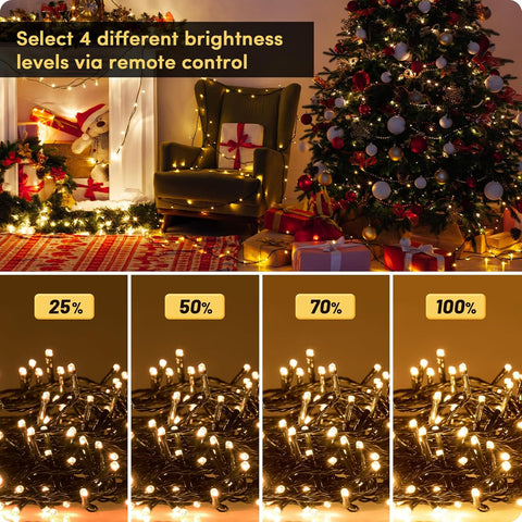 Decorative string lights with brightness level indicators in a festive setting.