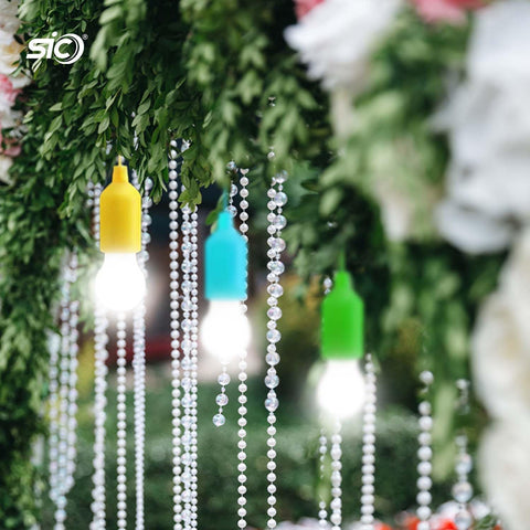 Decorative string lights with colorful bulbs hanging from greenery
