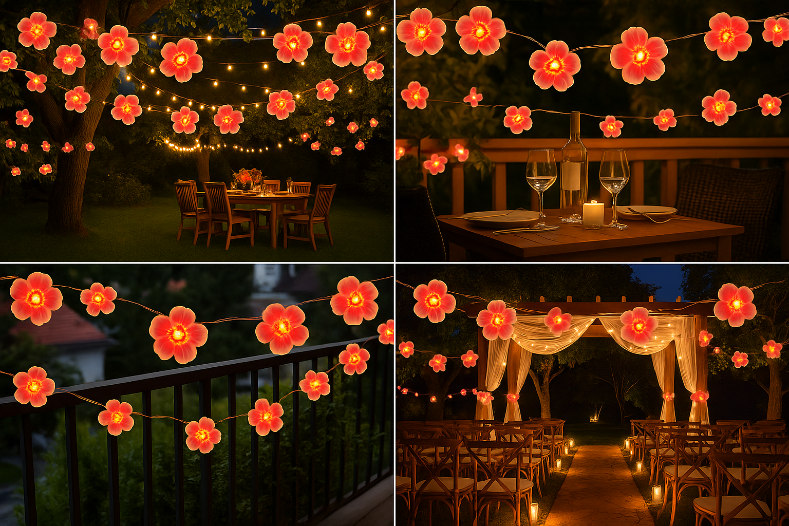 Decorative string lights with flower-shaped bulbs in various outdoor settings.