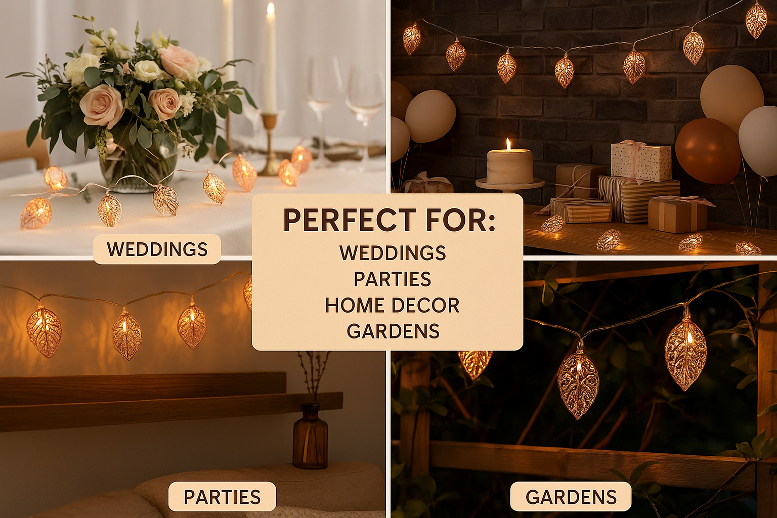 Decorative string lights with flowers, candles, and gift boxes on a table.