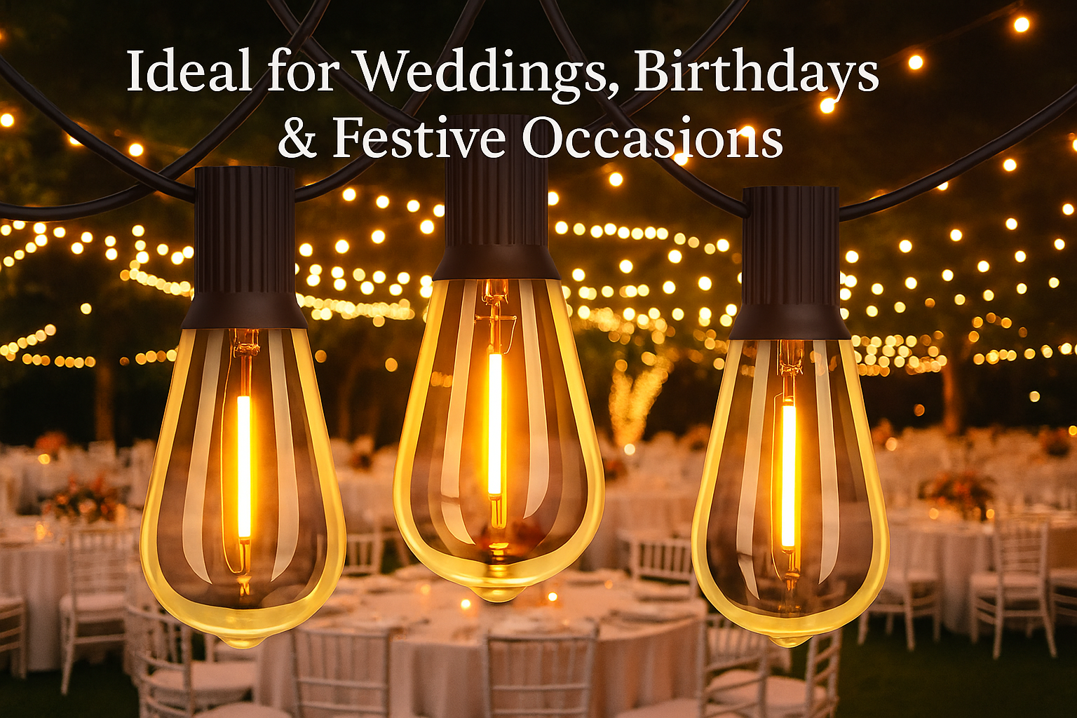 Decorative string lights with glowing bulbs over a wedding or festive setting.