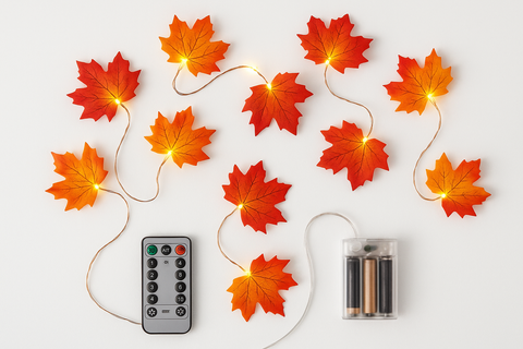 Decorative string lights with leaf design, remote control, and batteries on a white background