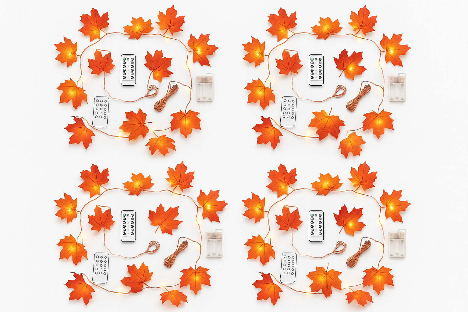 Decorative string lights with leaf patterns on a white background