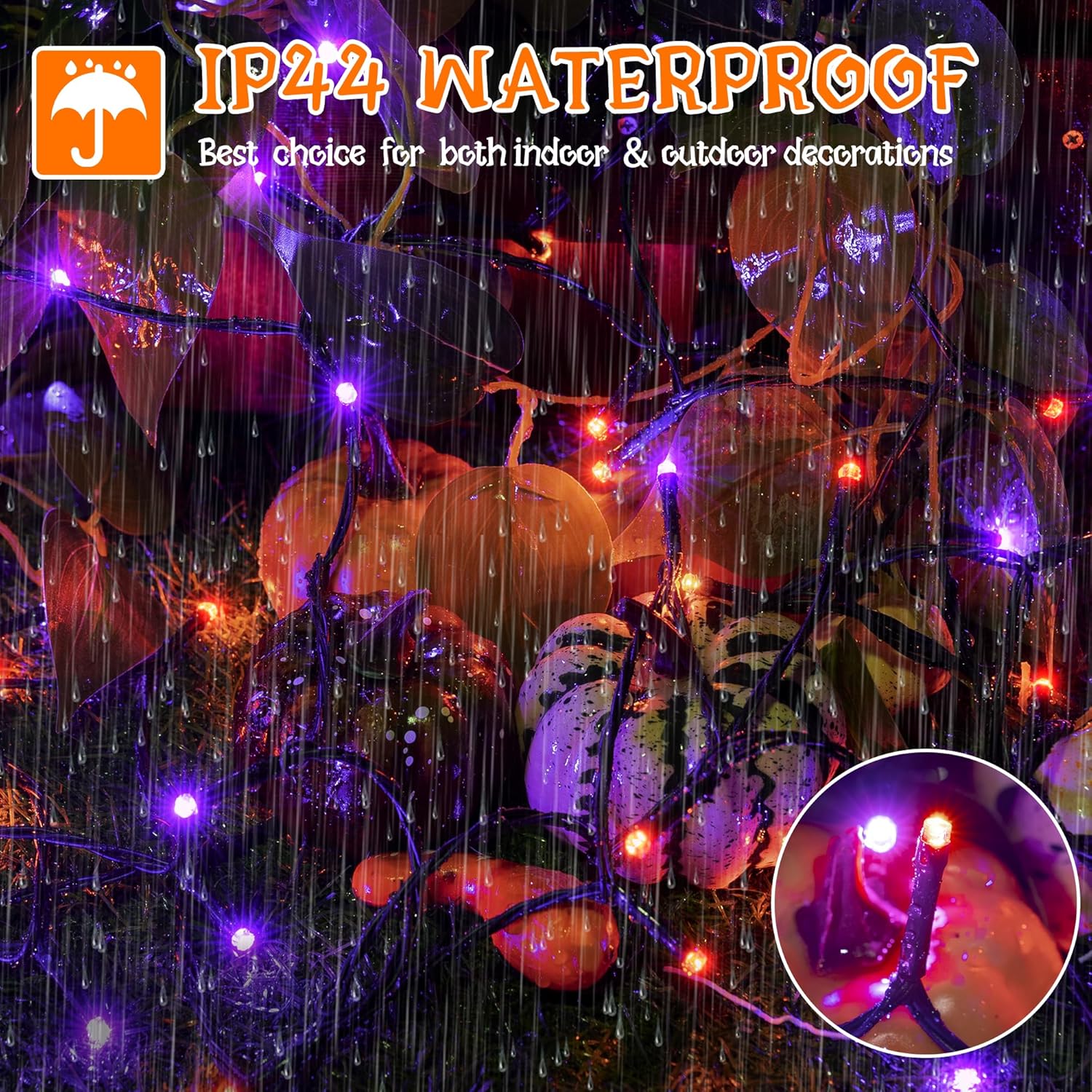 Decorative string lights with pumpkins and Halloween-themed decorations, featuring IP44 waterproof label.
