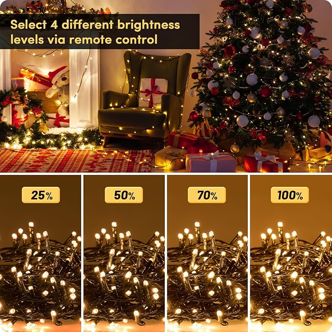 Decorative string lights with brightness level indicators in a festive setting.