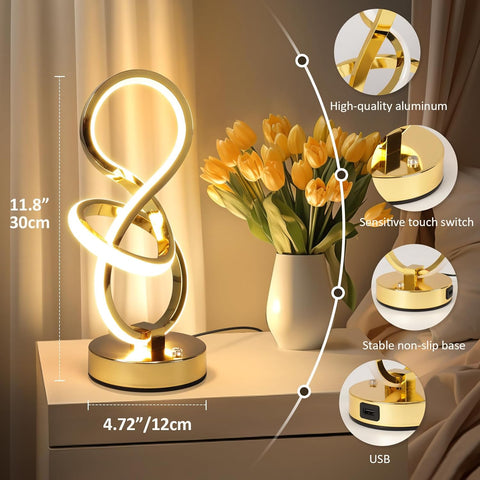 Decorative table lamp with USB connection on a surface with flowers, showing product features.