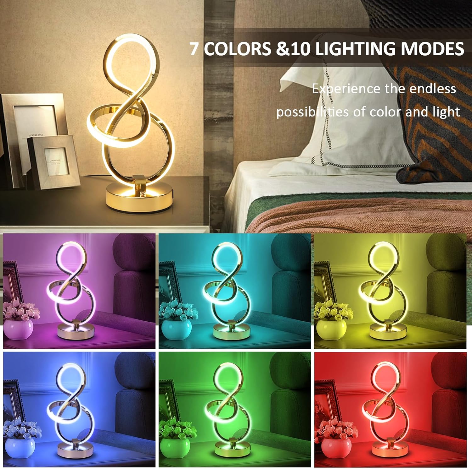 Decorative table lamp with colorful lighting modes in a bedroom setting