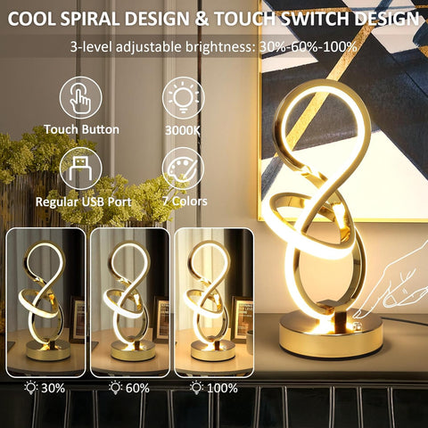 Decorative table lamp with cool spiral design and touch switch feature, shown with adjustable brightness levels.