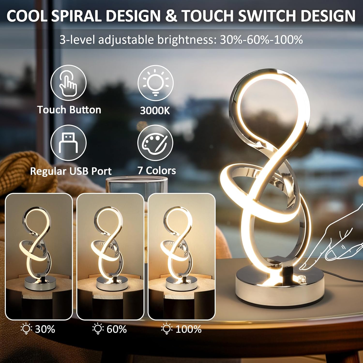 Decorative table lamp with cool spiral design and touch switch features, shown with adjustable brightness levels.